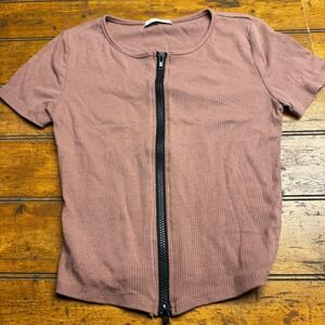 Active USA Womens Ribbed Full Zip Short Sleeve Crop Top Mauve Pink Medium